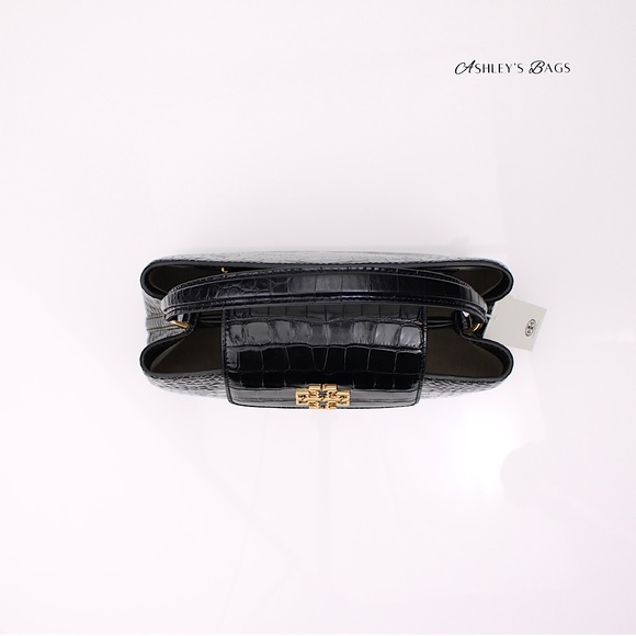 Tory Burch Britten Croc Embossed Small Satchel Crossbody In Black - Picture 7 of 12